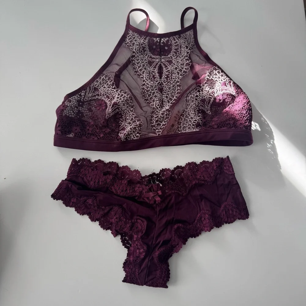 NWT Victoria's Secret Floral Lace Halter Bralette and Panty Set - Purple - Picture 1 of 4